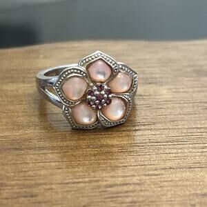 Designer "EA" Ring Mother Of Pearl Pink Lolite 925 Silver Flower Size 10